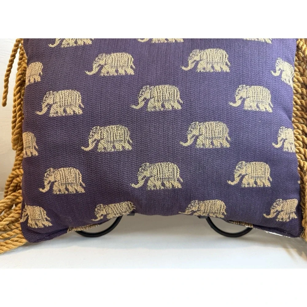 Boho Woven Brocade Elephant Throw Pillow Gold Fringe Purple Decorative Cushion